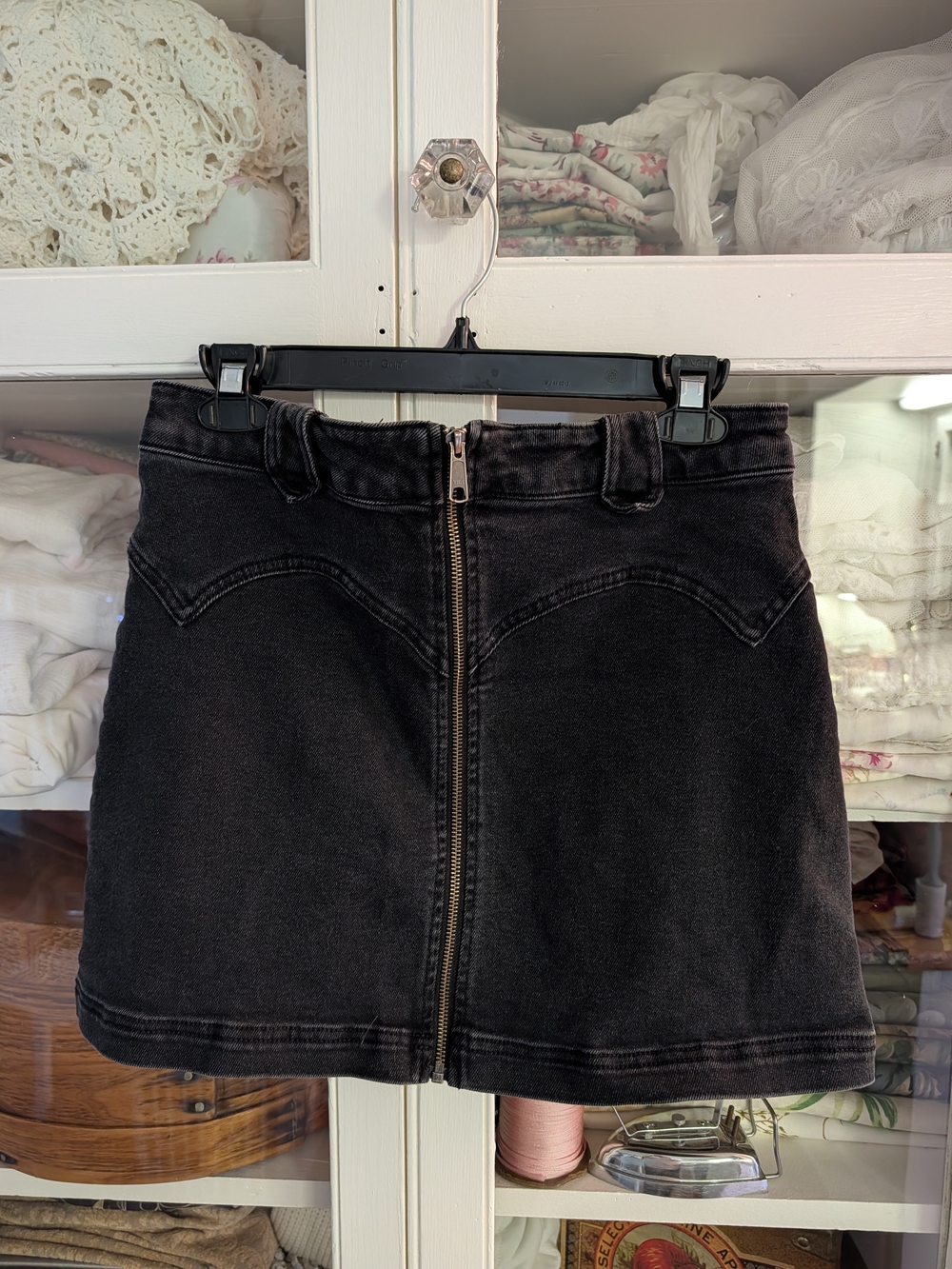 Washed Black Zip-Front Denim Mini Skirt